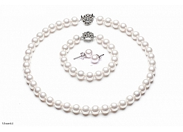 Set - necklace & bracelet & earrings, shell pearls, white, 8mm