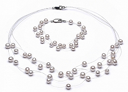 Set - necklace & bracelet, 5 strands, white, freshwater pearls, round, 5,5mm