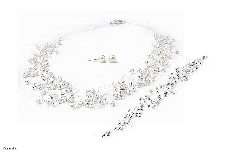 Komplet naszyjnik "pajęczynka" 10 żyłek + bransoleta + kolczyki, perły białe hodowane, słodkowodne okrągłe 4-4.5mm, zapięcie srebrne