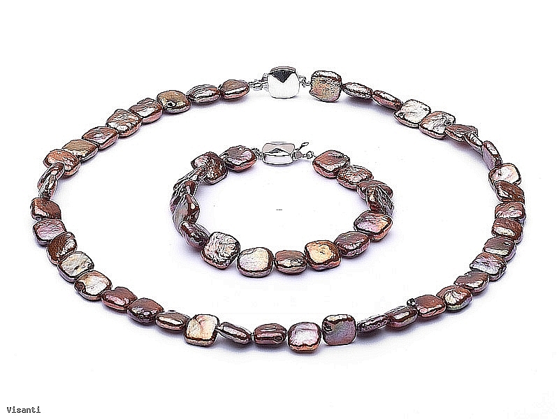 Komplet - naszyjnik i bransoleta - perły brązowe hodowane, słodkowodne kwadratowe 9-10mm, zapięcie srebrne rodowane