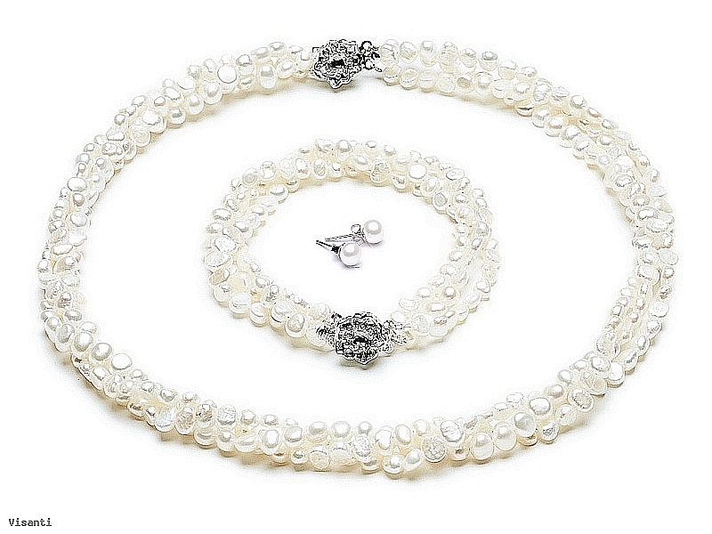 Komplet - naszyjnik,bransoleta i kolczyki - zwijaniec, perły białe hodowane, słodkowodne nieregularne