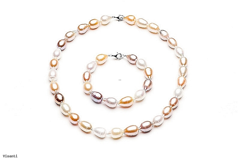 Komplet - naszyjnik i bransoleta - perły biało-łososiowe hodowane, słodkowodne 10-11mm, zapięcie srebrne