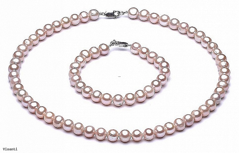 Komplet - naszyjnik i bransoleta - perły łososiowe hodowane, słodkowodne okrągłe 8-8,5mm, zapięcie srebrne