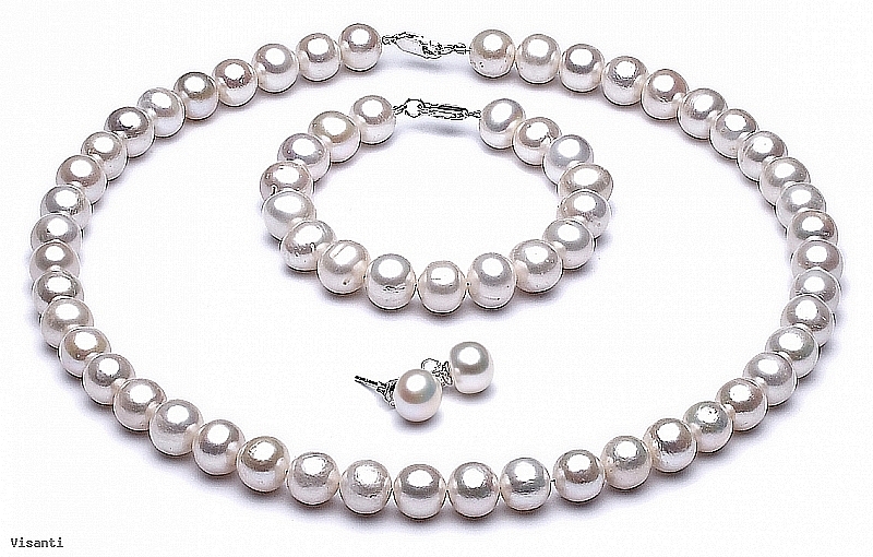 Komplet, naszyjnik + bransoleta + kolczyki, perły białe hodowane, słodkowodne okrągłe 8-8,5mm, zapięcie srebrne
