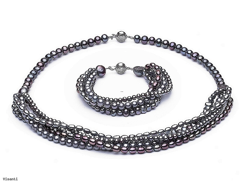 Komplet - naszyjnik i bransoleta - wykonany z grafitowych pereł różnego kształtu, zapięcie srebrne rodowane