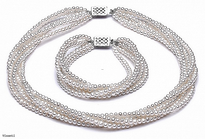 Komplet - naszyjnik i bransoleta - zwijaniec, perły białe hodowane, słodkowodne okrągłe 4-4,5mm, zapięcie srebrne