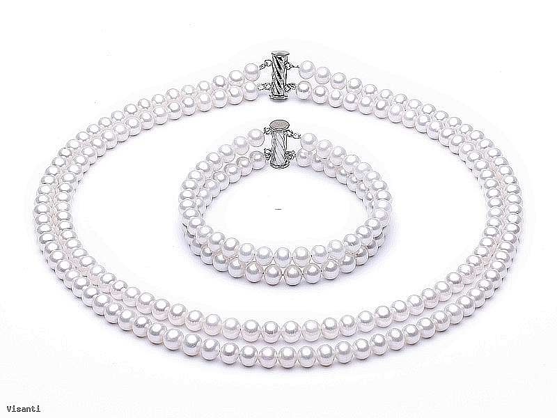 Komplet - naszyjnik i bransoleta - dwa sznury pereł białych hodowanych, słodkowodnych, okrągłych, 6-6.5mm, zapięcie srebrne rodowane