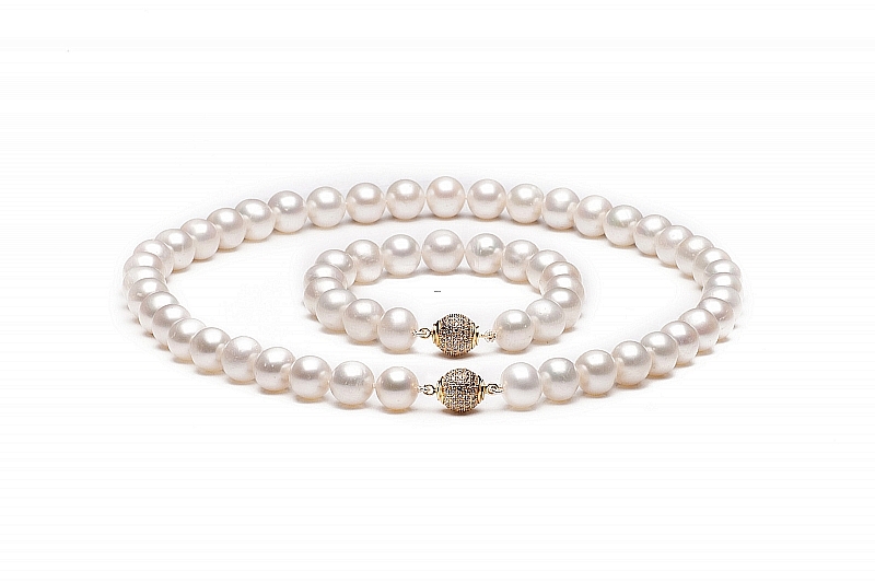Komplet: Naszyjnik z bransoletą, perła biała słodkowodna hodowana, okrągła, 10-10,5mm