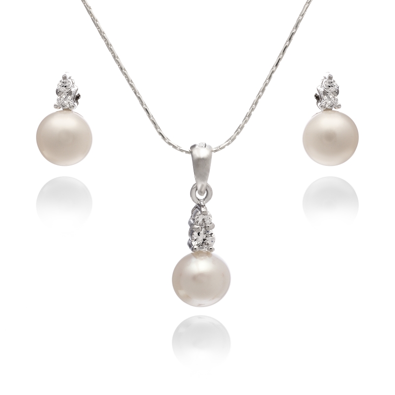 Komplet-kolczyki z zawieszką- perła słodkowodna,hodowana,biała 7,5-8mm,srebro rodowane