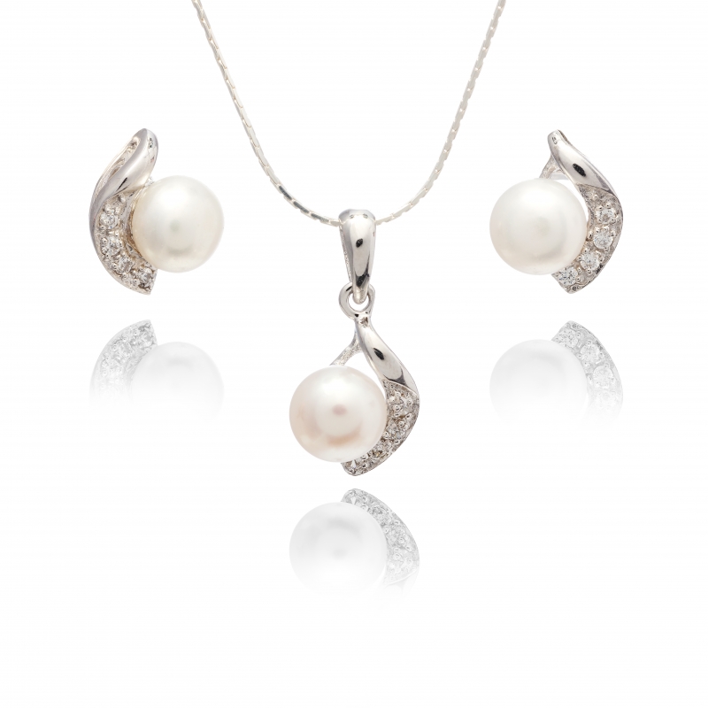 Komplet-kolczyki z zawieszką- perła słodkowodna,hodowana,biała 7-7,5mm,srebro rodowane