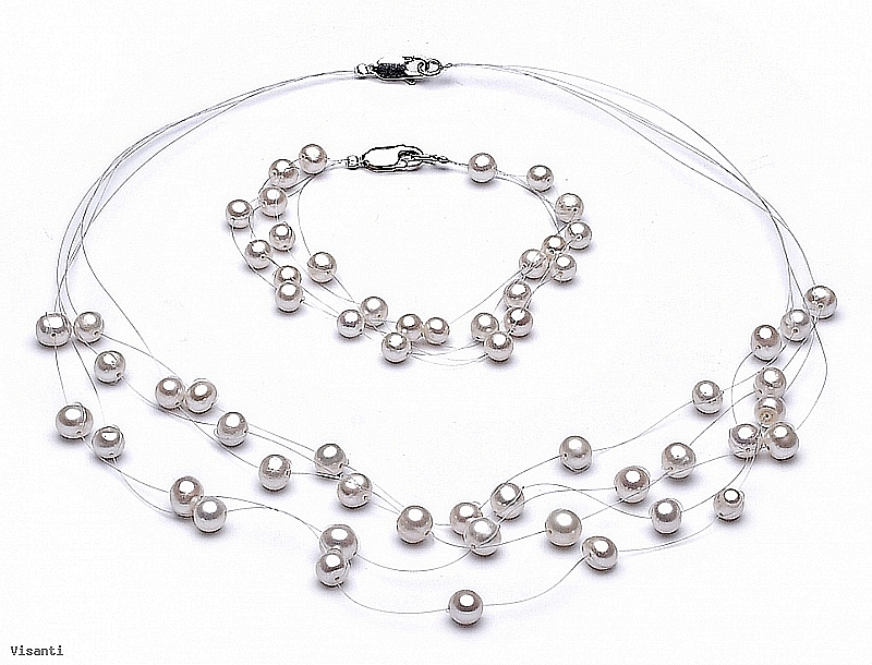 Komplet naszyjnik "pajęczynka" 5 żyłek + bransoleta , perły białe hodowane, słodkowodne okrągłe 5,5mm, zapięcie srebne