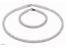 Set - necklace & bracelet, freshwater pearls, white, round, 4-4,5mm