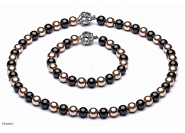 Set - necklace & bracelet, shell pearls, black-yellow, 8mm