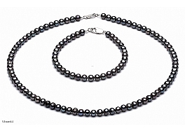 Set - necklace & bracelet, freshwater pearls, graphite, round, 4-4,5mm