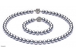 Set - necklace & bracelet, shell pearls, grey, 8mm