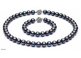 Set - necklace & bracelet, shell pearls, graphite, 8mm