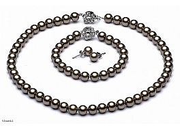 Set - necklace & bracelet & earrings, shell pearls, green, 8mm