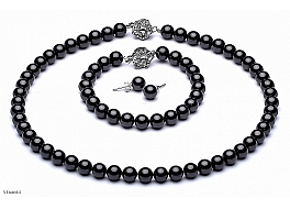 Set - necklace & bracelet & earrings, shell pearls, black, 8mm