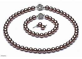 Set - necklace & bracelet & earrings, shell pearls, brown, 8mm