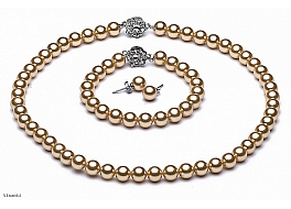 Set - necklace & bracelet & earrings, shell pearls, golden, 8mm