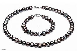 Set - necklace & bracelet, freshwater pearls, graphite, baroc, 10-11mm