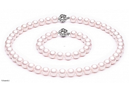 Set - necklace & bracelet, shell pearls, pink, 10mm