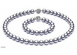 Set - necklace & bracelet, shell pearls, grey, 10mm