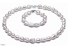 Komplet, naszyjnik + bransoleta, perły białe hodowane, słodkowodne "barok" 10-11mm, zapięcie srebrne