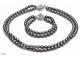 Set - necklace & bracelet, double, freshwater pearls, graphite, rice, 4-4,5mm, 