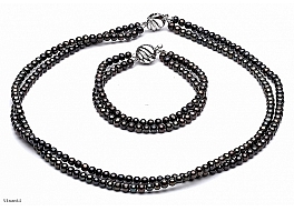 Set - necklace & bracelet, double, freshwater pearls, graphite, round, 4-4,5mm, silver claps