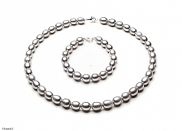 Set - necklace & bracelet, freshwater pearls, grey, rice, 9-10mm