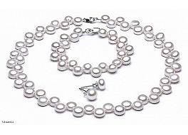 Set - necklace & bracelet & earrings, freshwater pearls, button, white, 6-7mm