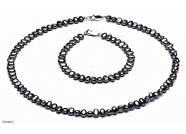 Set - necklace & bracelet, freshwater pearls, graphite, baroc, 5-5,5mm