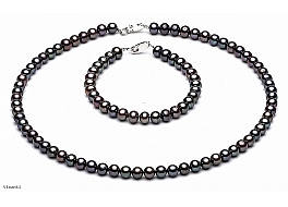Komplet, naszyjnik + bransoleta, perły grafitowe hodowane, słodkowodne okrągłe 6-6,5mm, zapięcie srebrne