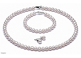 Set - necklace & bracelet & earrings, freshwater pearls, white, round, 6-6,5mm