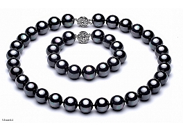 Set - necklace & bracelet, shell pearls, graphite, 14mm