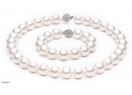 Set - necklace & bracelet, shell pearls, white, 14mm