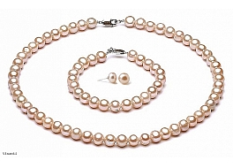 Set - necklace & bracelet & earrings, freshwater pearls, salmon, round 6-6,5mm