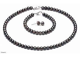 Komplet, naszyjnik + bransoleta + kolczyki, perły grafitowe hodowane, słodkowodne okrągłe 6-6.5mm, zapięcie srebrne