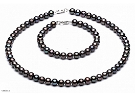 Komplet, naszyjnik + bransoleta, perły grafitowe hodowane, słodkowodne okrągłe 7-7,5mm, zapięcie srebrne