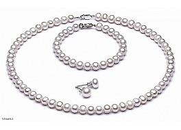 Komplet, naszyjnik + bransoleta + kolczyki, perły białe hodowane, słodkowodne okrągłe 7-7,5mm, zapięcie srebrne