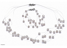 Komplet naszyjnik "pajęczynka" 5 żyłek + bransoleta , perły białe hodowane, słodkowodne okrągłe 3-7mm, zapięcie srebrne
