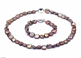 Set - necklace & bracelet, freshwater pearls, brown, cube, 9-10mm