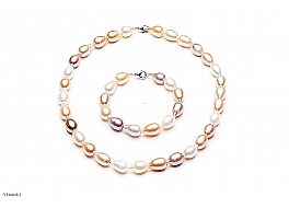 Set - necklace & bracelet, freshwater pearls, white-salmon, 10-11mm