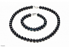 Set - necklace & bracelet, freshwater pearls, black, round, 8-8,5mm