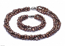 Set - necklace & bracelet, freshwater pearls, brown, non regular, 6,5-7mm