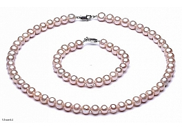 Set - necklace & bracelet, freshwater pearls, salmon, round, 8-8,5mm