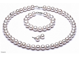 Set - necklace & bracelet & earrings, freshwater pearls, white, round, 8-8,5mm