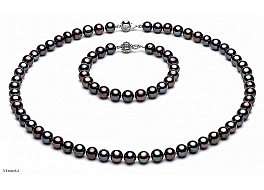 Set - necklace & bracelet, freshwater pearls, graphite, round, 7-7,5mm