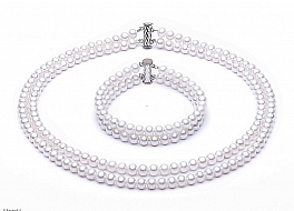 Set - necklace & bracelet, freshwater pearls, double, white, round, 6-6,5mm